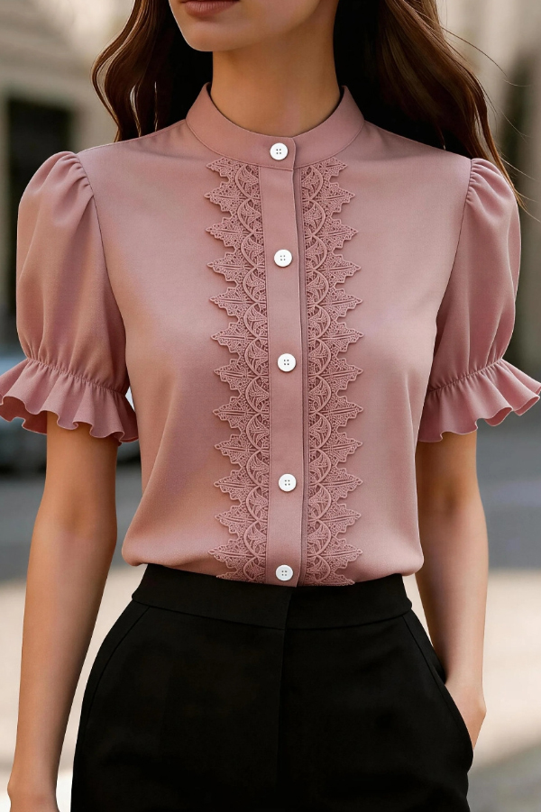 Solid Color Lace Patchwork Stand Collar Puff Sleeve Casual Shirt