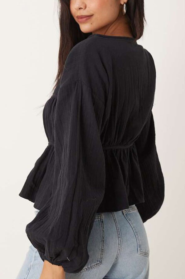 Solid Color V-neck Long-sleeved Tie-up Pleated Loose Top-consonak