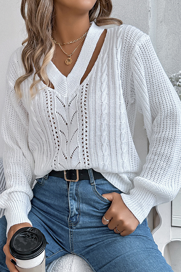 Casual Hollow V-neck Long-sleeved Knitted Sweater-consonak