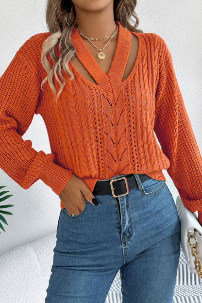 Casual Hollow V-neck Long-sleeved Knitted Sweater-consonak