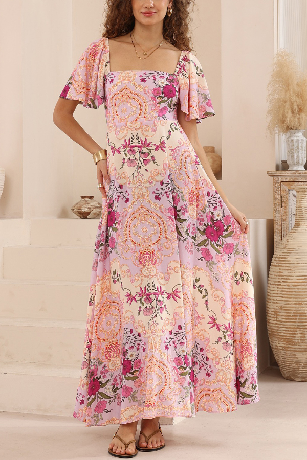 Plant Print Short-sleeved Square Neck Casual Pocket Holiday Midi Dress-consonak