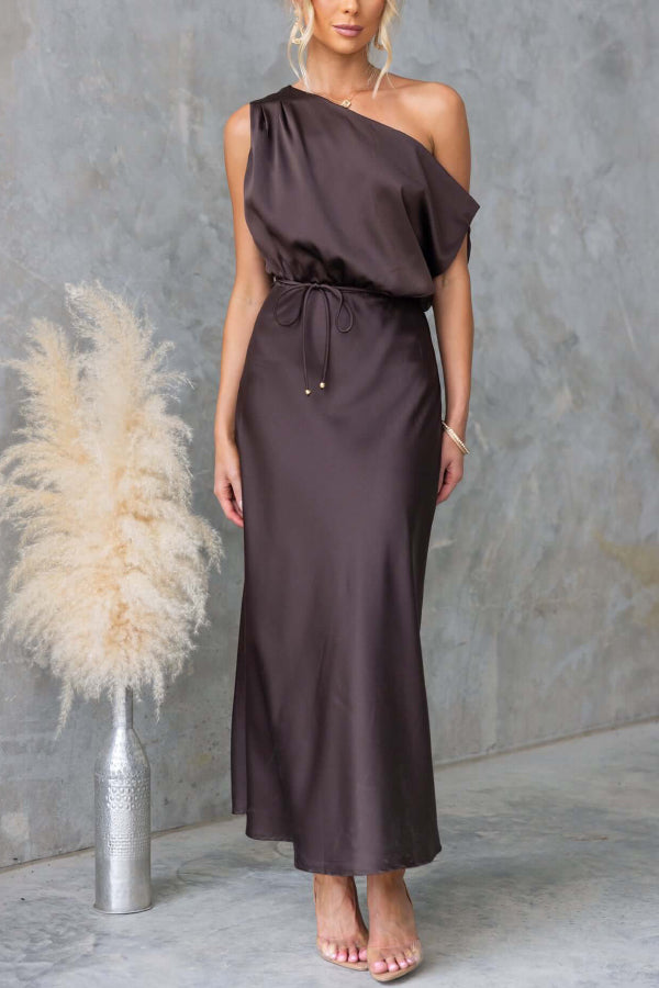 Solid Color One-shoulder Sleeveless Belted Casual Maxi Dress-consonak