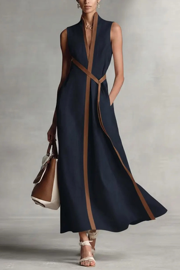 Linen Blend Color-blocked Edging V-neck Sleeveless Loose Maxi Dress | Consonak