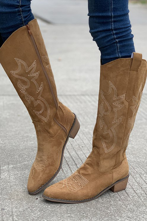 Retro Embroidered Block Heel Mid-calf Western Cowboy Martin Boots-consonak
