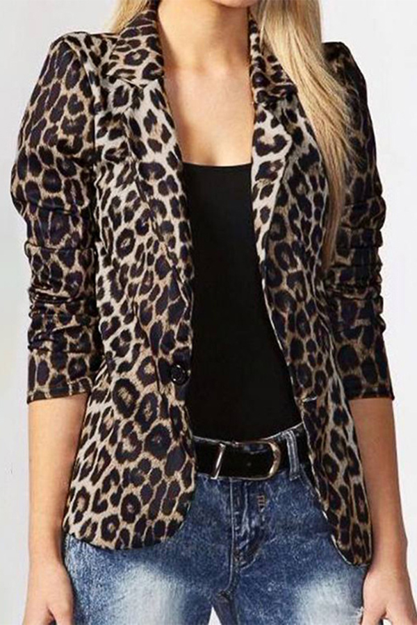 Leopard Print Lapel Long Sleeve Casual Blazer-consonak