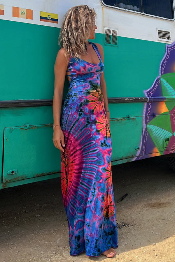La Bamba Tie-dye Print Back Lace-up Stretch Maxi Dress-consonak