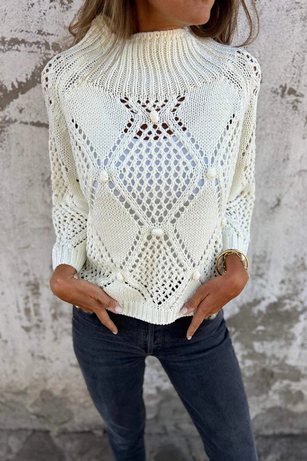 Solid Color Hollow Round Neck Casual Loose Knitted Sweater-consonak