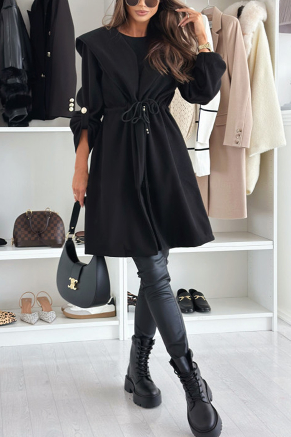 Effortless and Warm Textured Fabric Drawstring Waist Pocket Hooded Midi Coat-consonak
