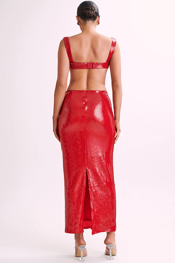 Eye Catching Sequin Cutout Waist Wide Strap Bacakless Maxi Dress | Consonak