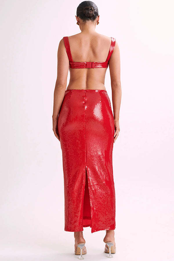 Eye Catching Sequin Cutout Waist Wide Strap Bacakless Maxi Dress-consonak