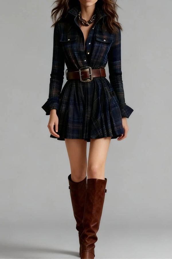 Plaid Print Lapel Long Sleeve Fitted Waist Pocket Casual Mini Dress-consonak
