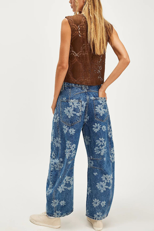 Fashionable Printed Casual Loose Mid-rise Pocket Leg Jeans