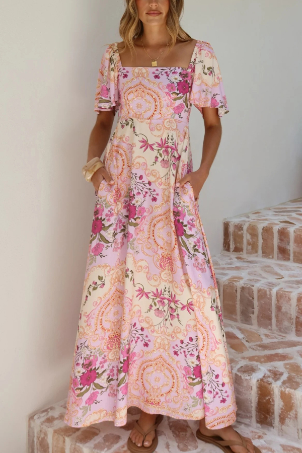 Plant Print Short-sleeved Square Neck Casual Pocket Holiday Midi Dress-consonak