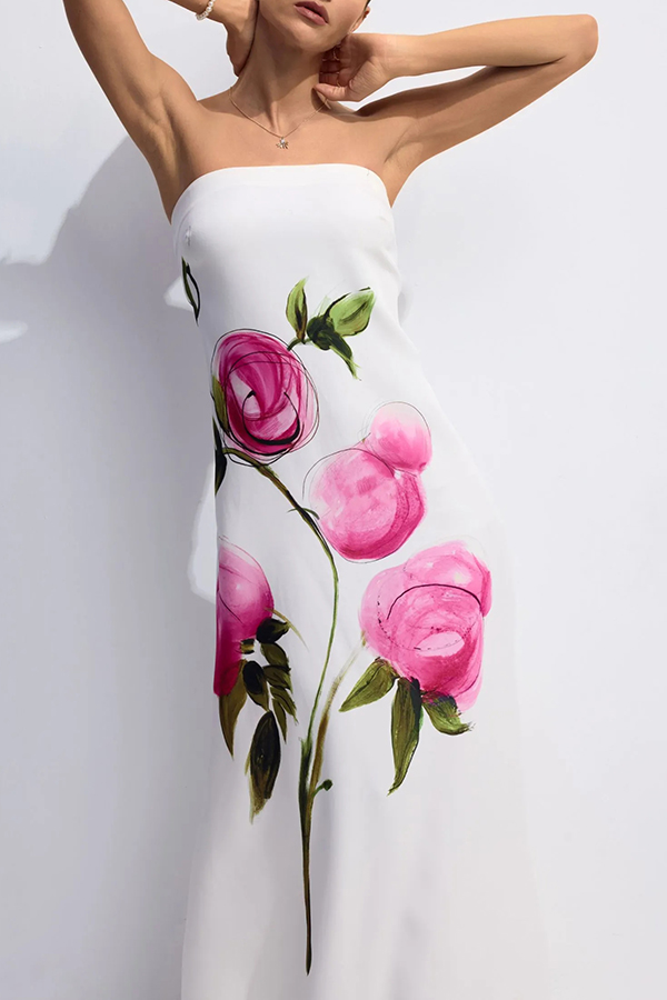 Garden Wedding Painted Roses Print Strapless A-line Maxi Dress-consonak