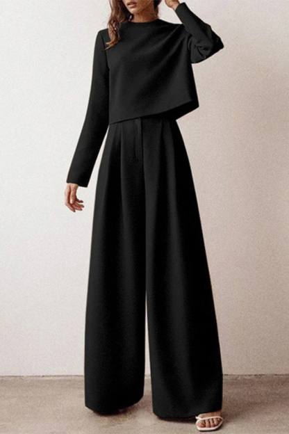 Solid Color Crew Neck Long-sleeved Cropped Top and Casual Pocket Wide-leg Pants Set