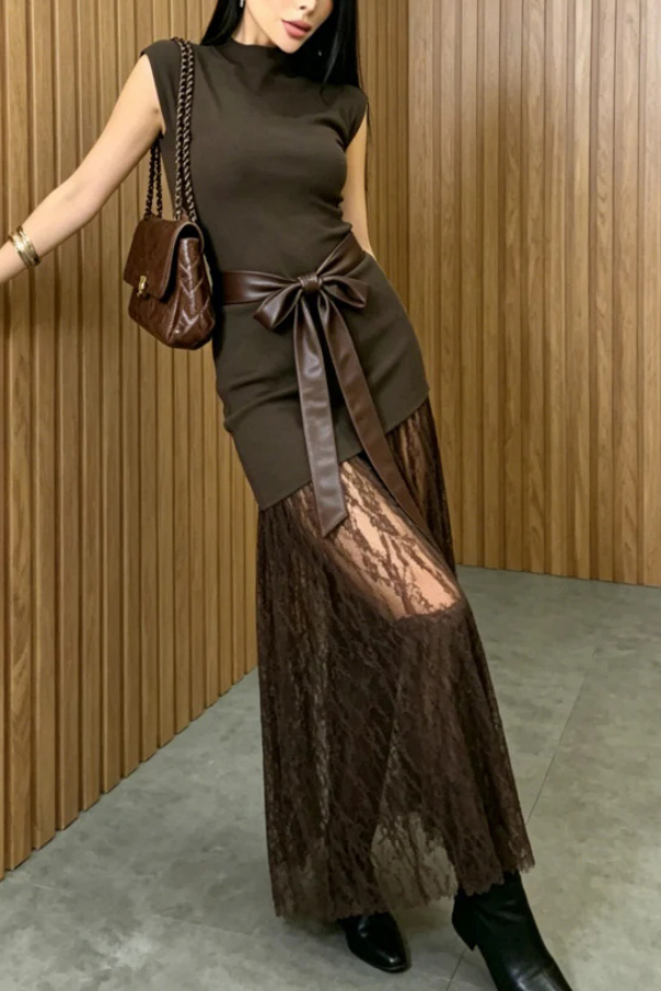Stylish Sleeveless Spliced ​​lace Hem Elegant Slim-fit Maxi Dress