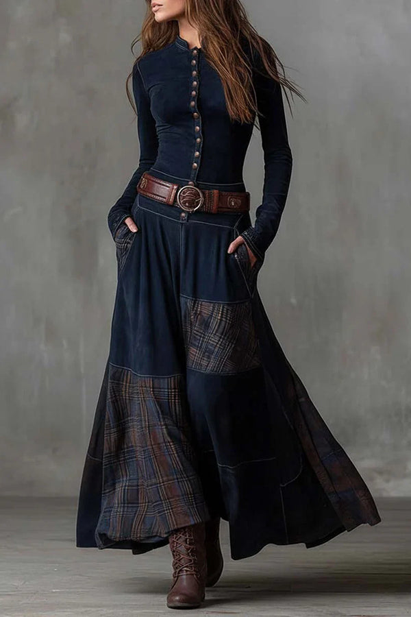 Retro-style Patchwork Single-breasted Long-sleeved Casual Pocket Maxi Dress-consonak