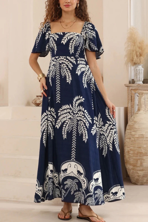 Plant Print Short-sleeved Square Neck Casual Pocket Holiday Midi Dress-consonak