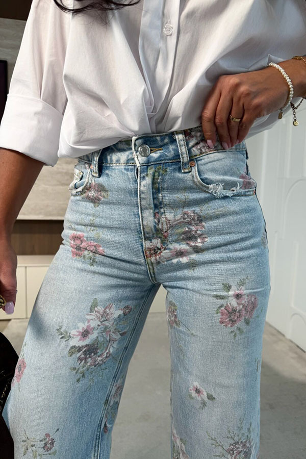 Darling Day Denim Colorful Floral Print High Rise Pocket Straight Leg Jeans-consonak