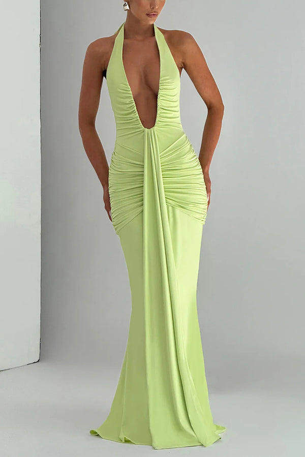 Solid Color Elegant Halterneck V-neck Open Back Tie Gathered Maxi Dress-consonak