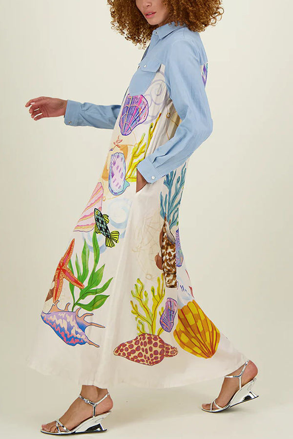 Take A Trip Marine Elements Unique Print Patchwork Pocketed Long Shirt Coat | Consonak