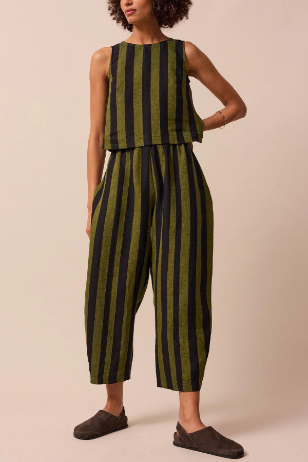 Striped Printed Crew Neck Sleeveless Top and Elastic Waist Wide-leg Pants Set | Consonak