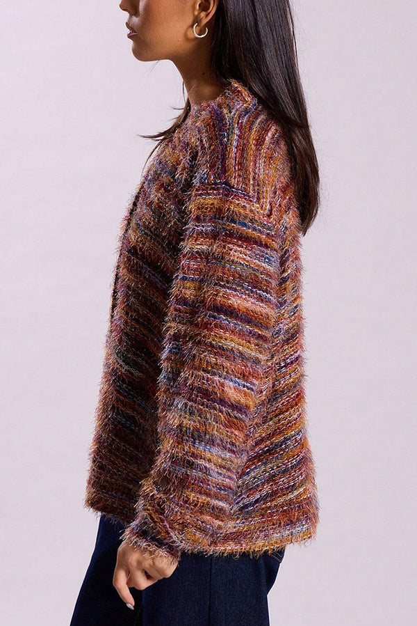 Fashionable Mixed Color Loose V-neck Casual Knit Cardigan-consonak