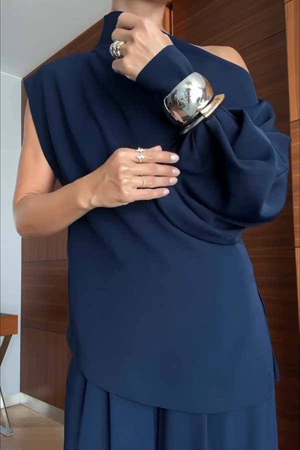 Cleo One Shoulder Irregular Balloon Sleeve Top and High Rise Pleated Button Waist Pocket Loose Pants Set