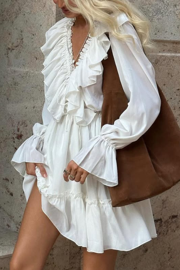 Solid Color V-neck Ruffled Ruched Long-sleeved Vacation Mini Dress | Consonak