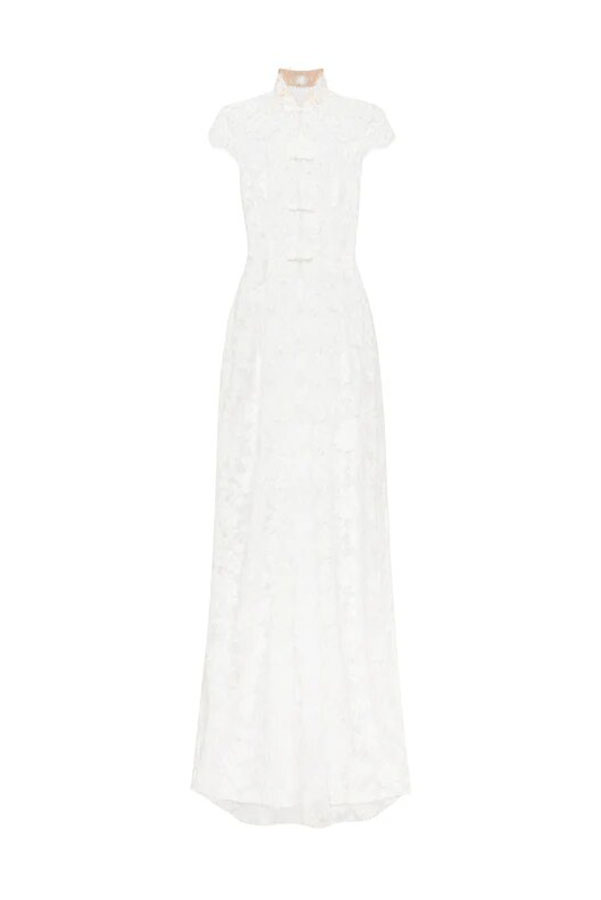 Saphina Floral Lace Pipa Knot Detail Short Sleeve Center Front Slit Maxi Top-consonak