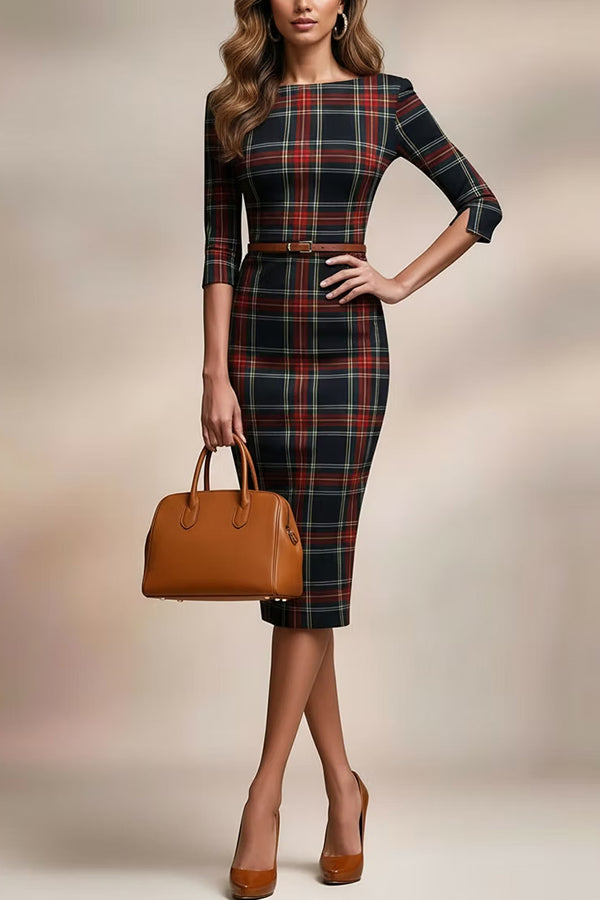 Plaid Print Half Sleeves Fitted Elegant Midi Dress-consonak