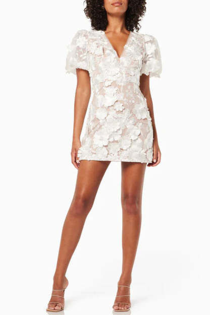 Garden Gala Embroidered Floral Applique Puff Sleeve Mini Dress-consonak