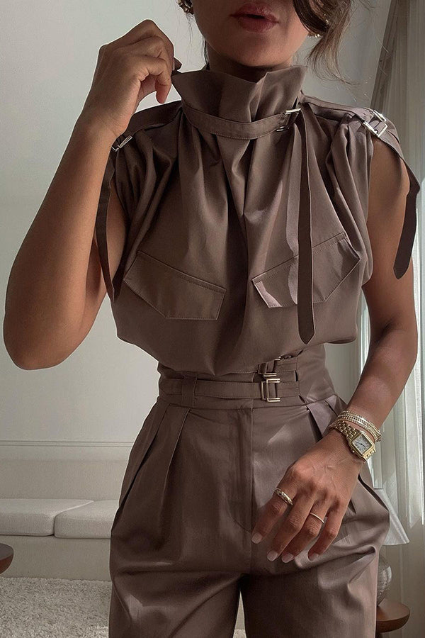 Statement Breast Pocket High Neck Top and Side Pocket Belt Long Pant Set-consonak