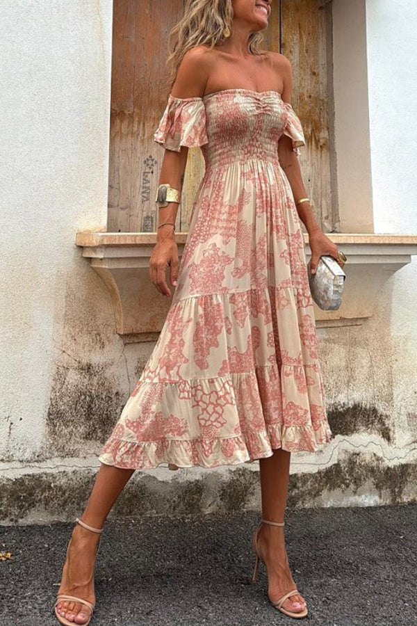 Pitaya Unique Print Off Shoulder Smocked Ruffle Sleeve Layered Midi Dress | Consonak