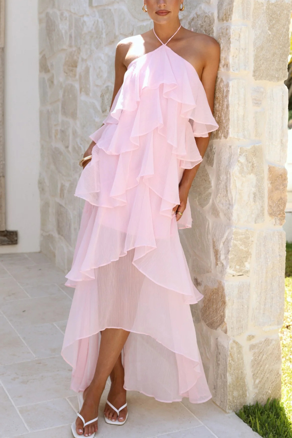 Solid Color Chiffon Halter Neck Elegant Ruffle Maxi Dress-consonak