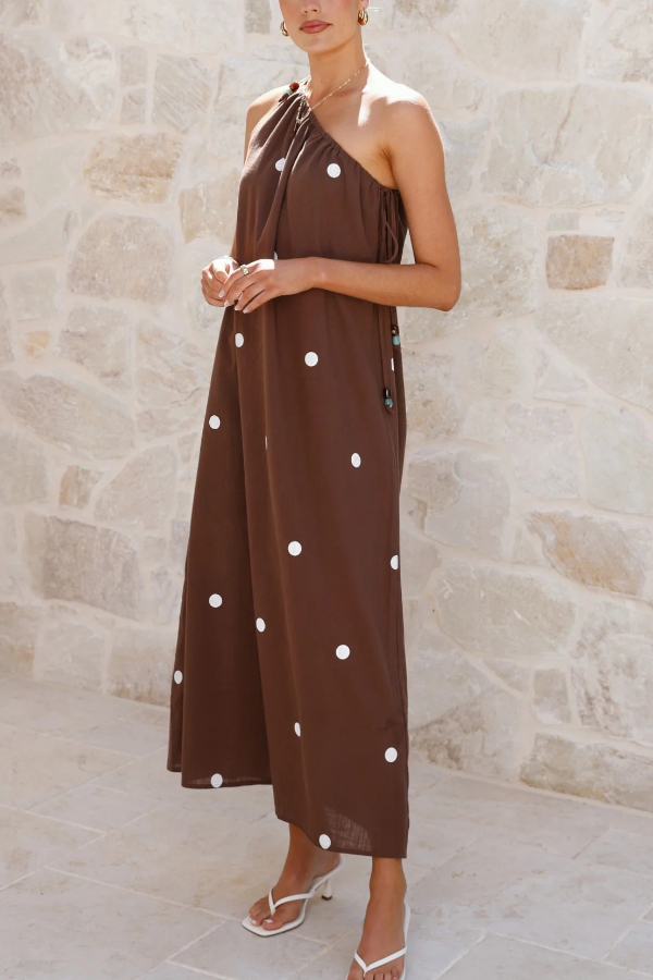 Polka Dot Print Sleeveless One-shoulder Tie-up Casual Vacation Maxi Dress-consonak