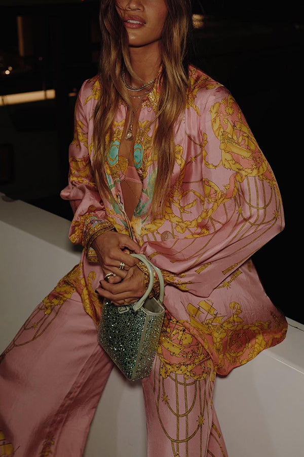 Mermaid Motel Unique Print Long Sleeve Loose Shirt and Elastic Waist Pants Set-consonak