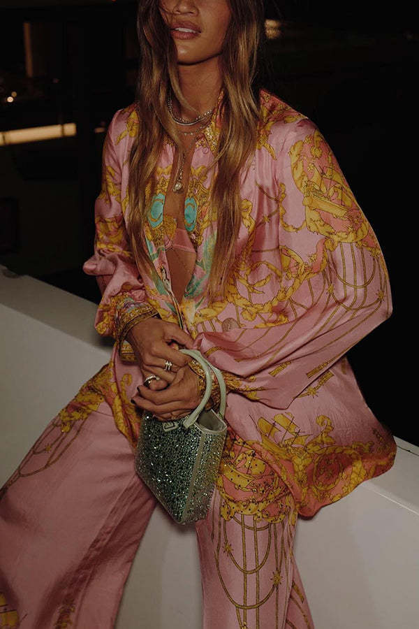 Mermaid Motel Unique Print Long Sleeve Loose Shirt and Elastic Waist Pants Set-consonak