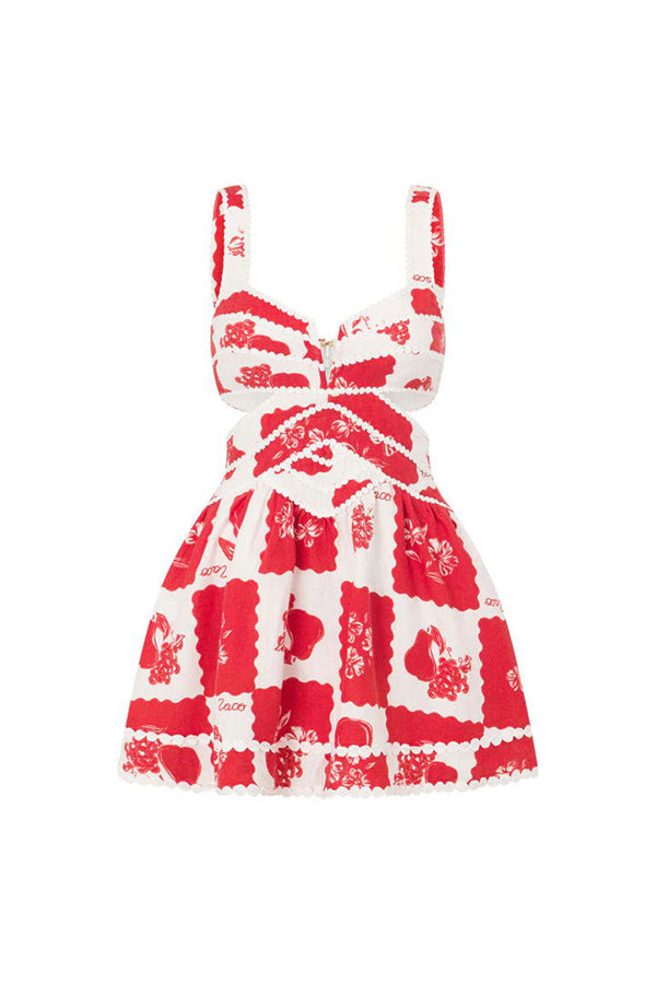 Lucia Linen Blend Ric Rac Trims Unique Print Cutout Pocketed Mini Dress | Consonak