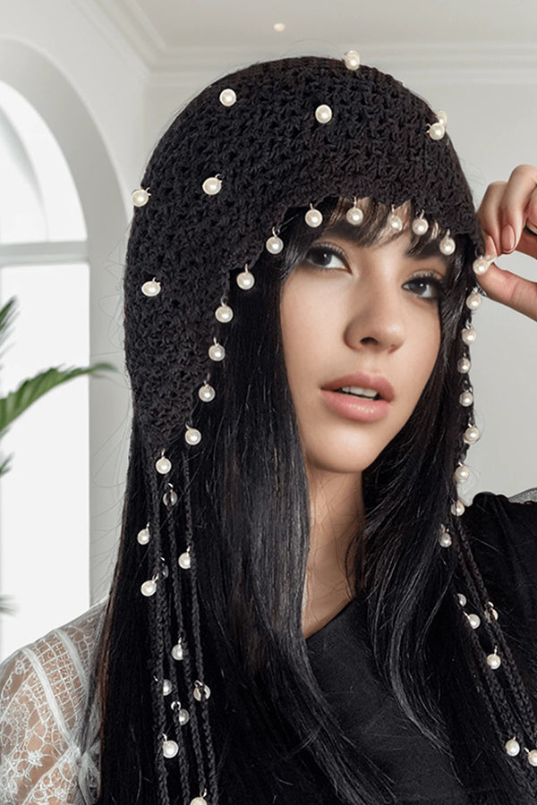 Solid Pearl Embellished Hollow Knit Hat-consonak