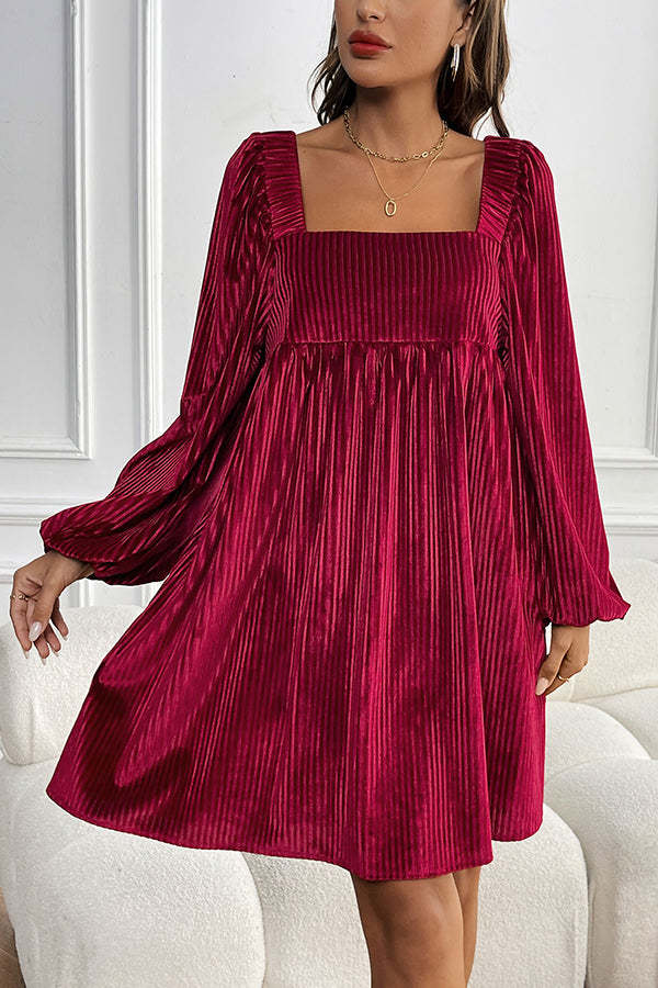 Solid Color Velvet Square Neck Long Sleeve Pocket Casual Mini Dress-consonak