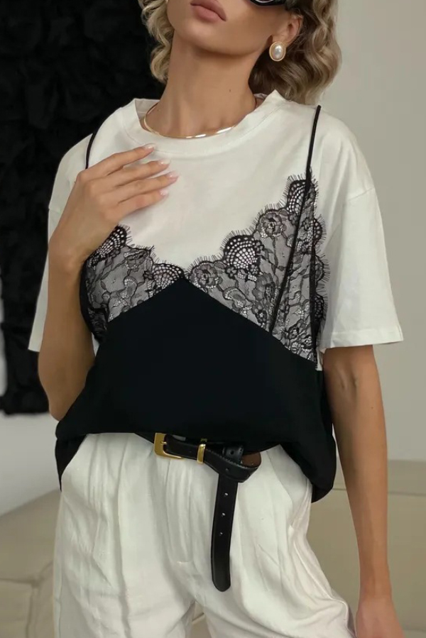 Fashionable Lace Patchwork Loose-fitting Round Neck Short-sleeved T-shirt