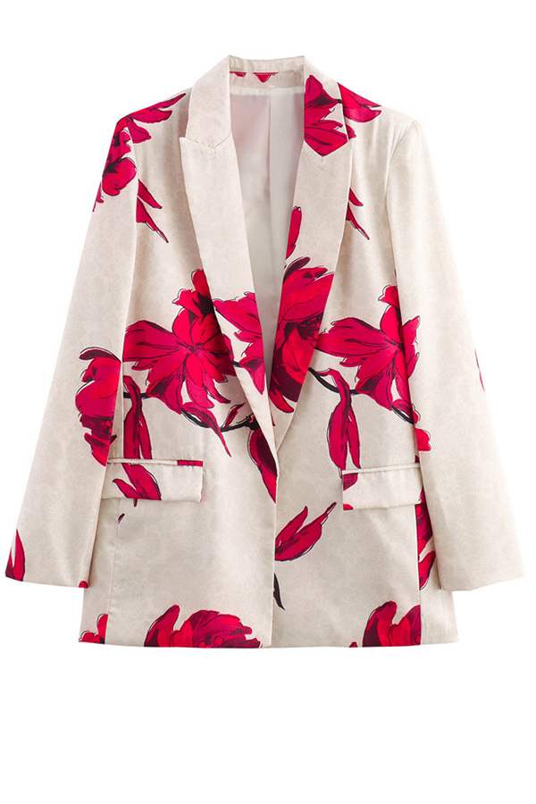Special Attendance Satin Floral Print Long Sleeve Lapel Loose Blazer-consonak