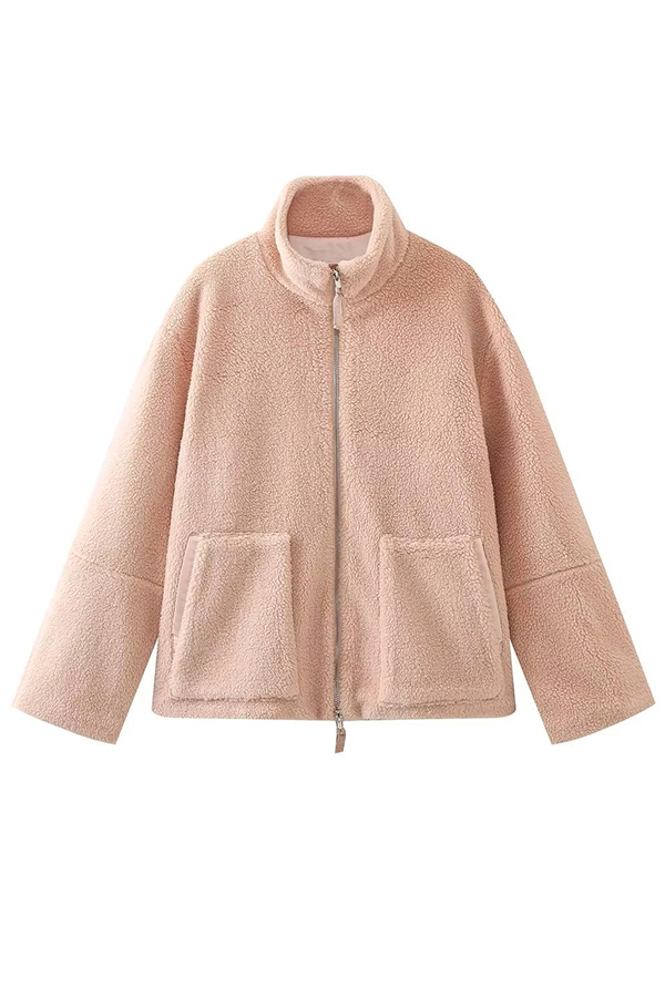 Solid Color Stitching High Collar Long Sleeve Loose Pocket Woolen Coat-consonak