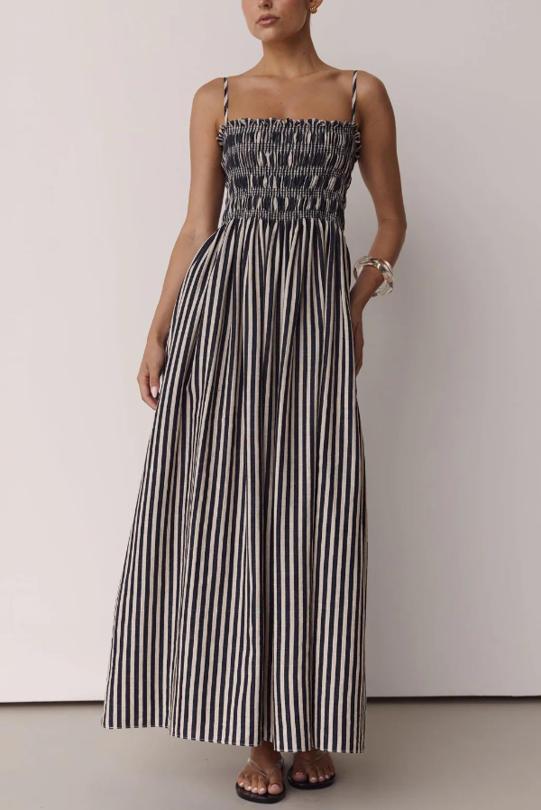 Striped Print Spaghetti Strap Pleated Pocket Casual Vacation Maxi Dress | Consonak