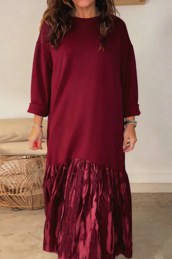 Fashionable Tie-dye Patchwork Round Neck Long Sleeve Pocket Loose Maxi Dress