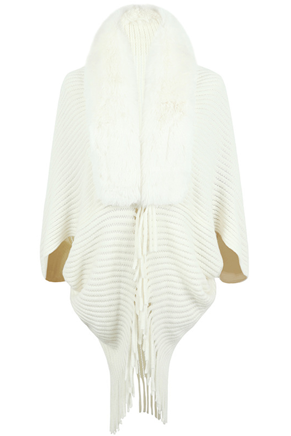 Fashionable Fur Collar Tassel Hem Knitted Shawl Cape-consonak