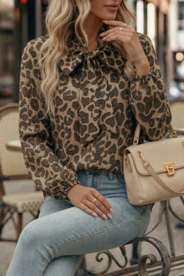 Leopard Print Bow Collar Long-sleeved Loose Shirt-consonak