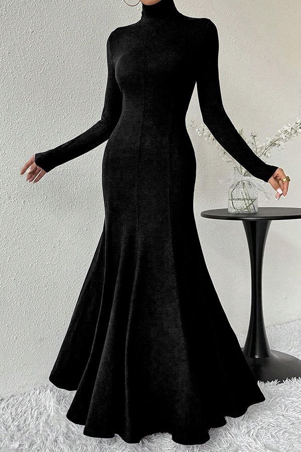 Solid Color High-neck Long-sleeved Slim-fit Fishtail Elegant Maxi Dress-consonak