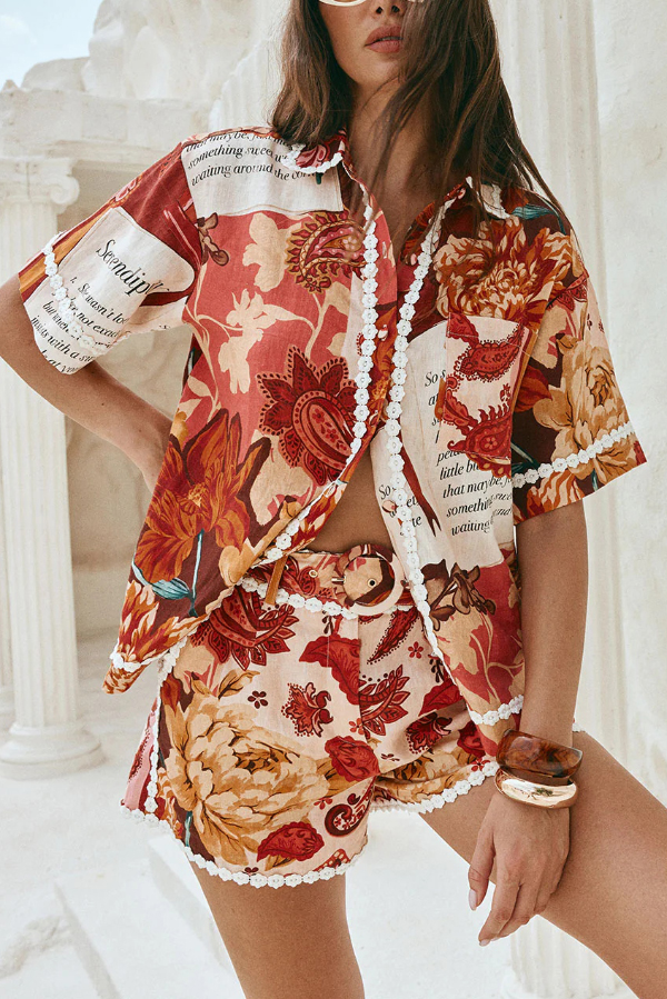 Unique Printed Collared Short-sleeved Loose-fitting Shirt and Casual Floral Trim Shorts Set-consonak